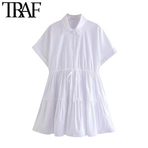 TRAF Donna Sweet Fashion con mini abito bianco legato regolabile Vintage manica corta con risvolto Abiti femminili Abiti 210415