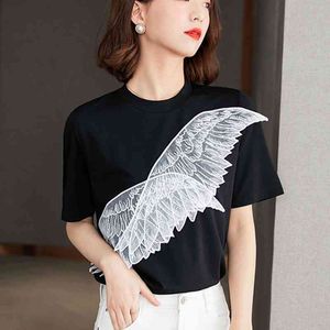 Korean O Neck Cotton Casual Loose wing Embroidery Vintaget t-shirt black Short Sleeves Female Women Tshirts 122C 210420