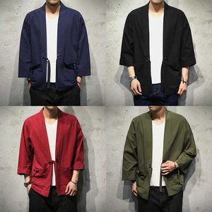 JDDTON Bahar erkek Keten Kimono Moda Gevşek Uzun Hırka Giyim Vintage Ceket Erkek Ceketler Kemer Rahat Palto Je026 X0621