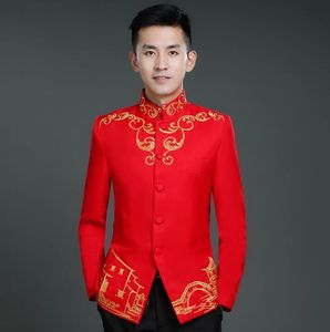 Roupas de bordados vermelhos homens de túnica chinesa projeta trajes de palco homme terno