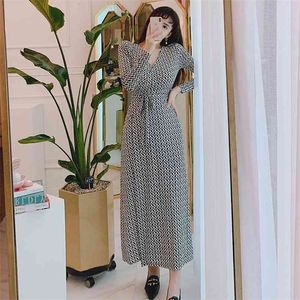 Wickelkleid koreanische Damen Maxi Sommer Langarm V-Ausschnitt Sexy Büro Party Kleider für Frauen Kleidung 210602