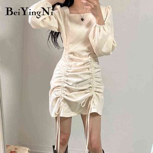 Beiyingni Women Dress Solid Casual Sexy Drawstring Square Collar Clubwear Pleated Mini Dress Long Sleeve Black Dresses for Woman Y1204