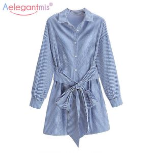 Aelegantmis Vintage Çizgili Gömlek Elbise Kadın Sashes Kore Ofis Bayan Mini Katı Casual Gevşek Bir Çizgi Vestido Mujer 210607