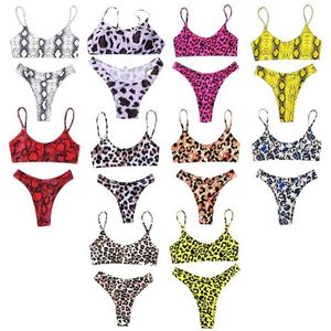 Frauen Sexy Zweiteiler Bikini Set Boho Leopard Schlangenleder Druck Badeanzug Riemchen Push Up Gepolsterter High Cut Badeanzug Sei 210629