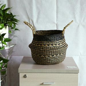 Cesto de flores feito à mão de bambu, grade preta, palha de vime, organizador de lavanderia suja, dobrável, cesta de armazenamento de ervas marinhas, vaso de plantas 244v