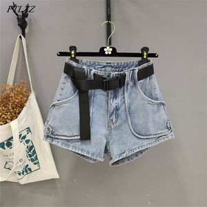 Verão Mulheres Largo Perna Blue Denim Shorts com Cinto Casual Cores Sólidas Femininas Solta Streetwear Calça Negra 210430