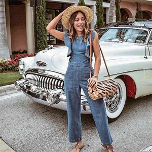 Sexy Backless Lace Up Jumpsuits Overalls Ruffle Sleeveless Blue Denim Long Pants Zipper Wide Leg Vintage 210427