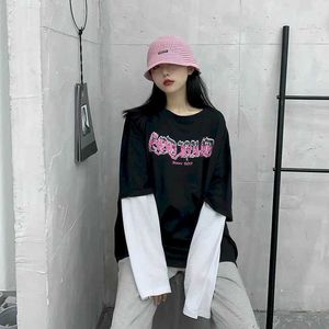 Women T-shirt Korean version loose letter printing fake two-piece long-sleeved female Harajuku style student top 210526