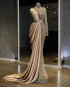 Aso Ebi 2021 Arabski Złoto Luksusowe Syrenki Suknie Wieczorowe Zroszony Kryształy Prom Dress High Neck Formalne Party Druga Recepcja Suknie