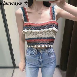 Women Fashion With Ruffles Crochet Knitted Tank Top Vintage Square Collar Wide Straps Female Camis Mujer 210521