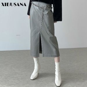 Streetwear PU Skórzany Midi Spódnice Kobiety Jesień Zima Moda Chic Kobieta Wysoka Talia Opaste Chain Split Ołówek 210423