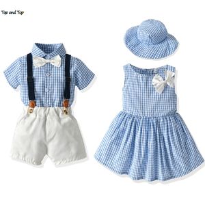 Top e Top irmão e irmã Baby Matching Outfits criança infantil meninos cavalheiro terno + princesa meninas tutu vestido xadrez roupa 210816