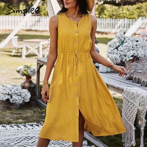 Casual Solid sleeveless O-neck women Beach style high waist button summer Loose cozy female dress 210414