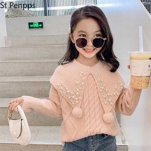 Kids Solid Pearl Knitted Thick Sweater for Girls Cute Winter Tops Teenage Toddler Girl Warm Sweaters Fashion 211201