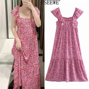 Woman Summer Dress Red Floral Print Strap Long es Women Casual Ruffle Ruched Sleeveless Cottagecore 210519