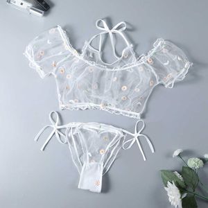Artı Boyutu Prenses Seksi Pijama Set Kadınlar Ultra-ince Perspektif Çiçek Baskı Örgü Pijwear ile Şort PJ Set Kawaii Lingerie Q0706