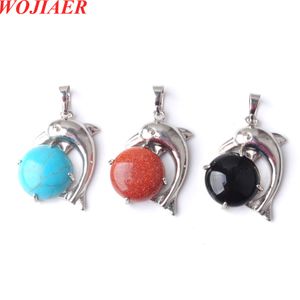 Wojiaer The Dolphins Pendenti Natural Gemstone Cabochon Charm Case Animal Jewelry Wholesale Be908