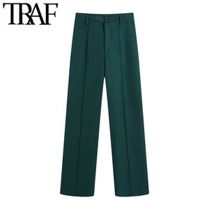 Women Fashion Office Wear Side Pockets Straight Pants Vintage High Waist Zipper Fly Female Trousers Mujer 210507