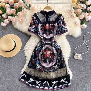 Europa estilo verão mulheres manga curta retro retro patchwork malha moda vestido feminino vestido feminina vestidos 210428