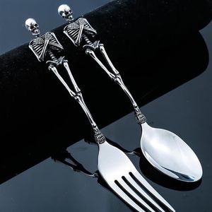 Spoon Craft toptan satış-Titanyum Çelik İskelet Kafatası Çatal Kaşık Sofra Vintaj Yemeği Masa Sofra Takımı Çatal Seti Metal El Sanatları Cadılar Bayramı Partisi Hediyeler NE201W