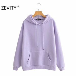 Zevity Women Fashion Långärmad Fritid Hooded Sweatshirts Kvinnlig Basic Front Fickor Fleece Hoodie Chic Pullover Tops H371 210603