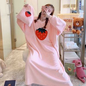 Winter Korean Thick Warm Flannel Long Sleeve Loose Nightgown for Women Coral Velvet Sleepwear Night Dress Nightdress Nighty 210924