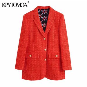 KPYTOMOA Frauen Mode Mit Druck Futter Ausgestattet Tweed Blazer Mantel Vintage Langarm Taschen Weibliche Oberbekleidung Chic Veste 210930