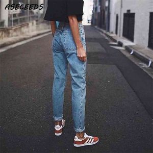 Vintage damer pojkvän jeans för kvinnor mamma hög midja blå casual penna byxor koreanska streetwear denim pants 210922