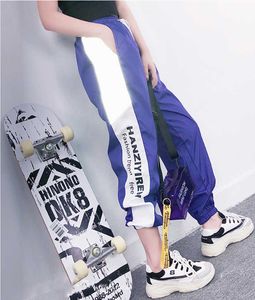 Jesień Harajuku BF Loose Sport Reflective Pant Hip Hop High Waist Streetwear Cargo Joggers 210531