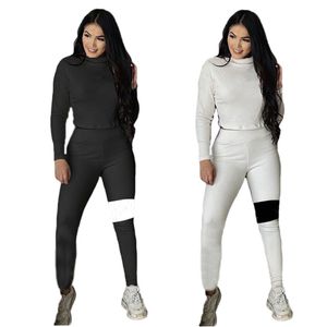 Kvinnor Stickade Ribbed Outfits Fall Vinter Kläder Långärmad Tracksuiter Pullover Sweatshirt Leggings Two Piece Set Plus Storlek 2XL Casual Svart SweatSuits 5825