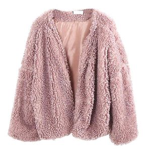 Women Faux Lambswool Oversize Teddy Jacket Coat Winter Warm Autumn Outerwear Pink Black White C0012 210514