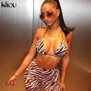 Klious Drawstring Sexig Två Piece Set Women Zebra Print Halter Backless Crop Bra + Skinny Leggings Co-Ord Suit Kvinna Streetwear 210727