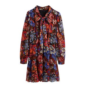 BLSQR Vintage Floral Print Slim Mini Dress Women Bow Collar Long sleeve Retro Dresses Golden Striped Pleated Chic Vestido 210430