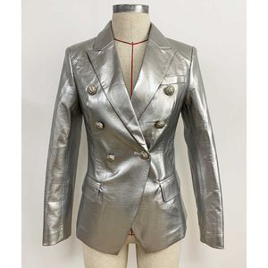 HIGH STREET est Designer Stylish Runway Moda donna Bottoni leone giacca blazer in pelle argento 210930