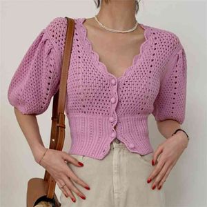 Sommar Casual Knitwear Sweater Puff Sleeve Hollow Out Crochet Flower Cardigan Kvinnor Elegant V Neck Slim Sticka Crop Top 210514