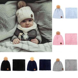 2 pcs / conjunto cor sólida bebê chapéu de malha lenço conjunto outono inverno quente grosso garoto pescoço envoltório macio pompom recém-nascido criança beanie bonnet