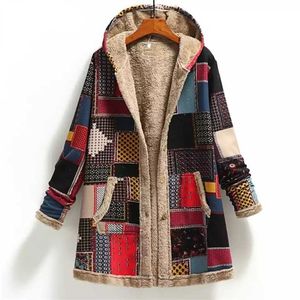 Winter Vintage frauen mantel weibliche Jacke mit Tasche Warme Druck Dicke Fleece Mit Kapuze Damen Outwear mantel winter 211019