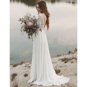 Bohemian V Yaka Şifon Gelinlikler 2022 Yaz Dantel Üst Seksi Backless Tam Kollu Gelin Uzun Gelinlik Boho Beach Vestidos De Novia