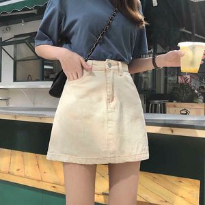 Kvinnors Denim Mini Kjol Fashion Summer High Waist Koreansk Svart Casual Solid Streetwear Pocket A-Line Jeans 210526