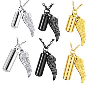 Cremation jewelry Cylinder pendant necklace Angel wings keepsake stainless steel ashes urn