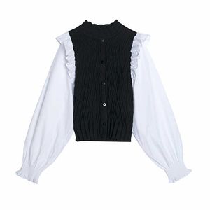 Zarif Kadınlar Örme Patchwork Gömlek Moda Bayanlar Standı Yaka Pamuk Streetwear Kadın Chic Ruffles Bluzlar Tops 210527