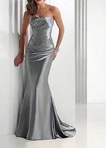 Women Strapless Mermaid Satin Evening Dresses 2021 Long Silver Gray Floor Length Beadings Bridesmaid Gowns