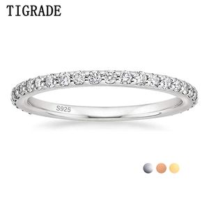 Tigrade 2mm 925 Sterling Silver Ring för kvinnor Bröllopsband Kubik Zirconia Full stapelbar förlovningsstorlek 3-13 211217