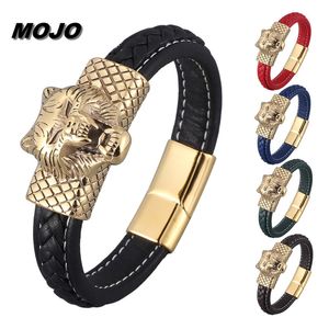 18 Karat vergoldetes Edelstahl-Wolfskopf-Charm-Armband. Bunte Leder-Armbänder mit Magnetschnalle