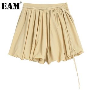 [EAM] Women Casual Black Pleated Ribbon Wide Leg Shorts High Waist Loose Trousers Fashion Spring Summer 1DD8485 21512