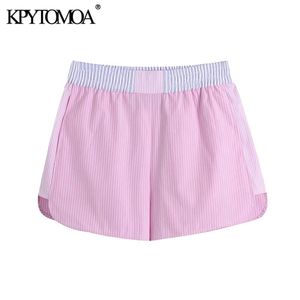 KPytomoa mulheres chique moda retalhos listrado shorts vintage alta elástica cintura lateral bolsos femininos calças curtas mujer 210719