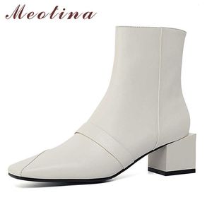 Meotina جلد طبيعي عالية الكعب الكاحل أحذية النساء أحذية ساحة تو بلوك الكعوب سستة أحذية قصيرة الإناث الخريف الشتاء البيج 210608