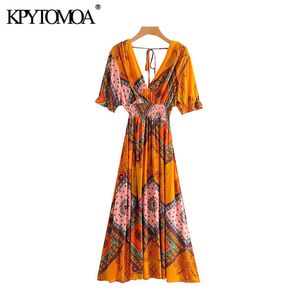 Women Chic Fashion Geometric Print Midi Dress Vintage V Neck Short Sleeve Elastic Waist Female Dresses Vestidos 210416