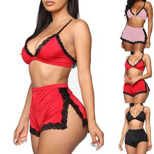 Mulheres Sexy Sleepwear Lingerie 2 Pcs Lace Bra Deep V Neck Colheita Tops High Cintura Split Shorts Underwear Set Verão Pijama Set q0706