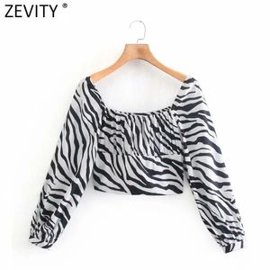 Camicetta grembiule corta con stampa a righe zebra vintage da donna Camicetta con cerniera laterale a maniche lunghe con pieghe femminili Chic Blusas Top LS9233 210416